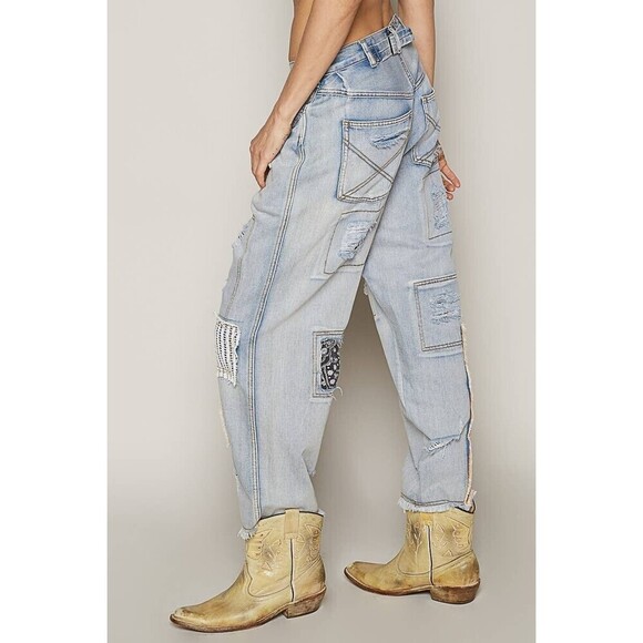POL Womens Blue Patchwork Detail Distressed Ankle Relaxed Fit Denim Jeans Size S - Picture 4 of 11